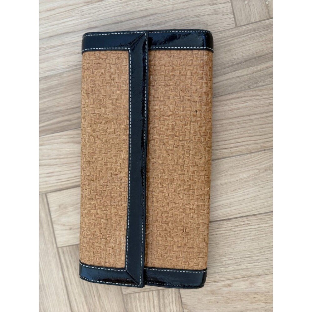 Chinese Laundry Woven Raffia Clutch with Black Patent Trim